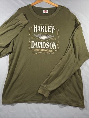 Harley-Davidson Vintage Olive Green Long Sleeve Thermal Waffle Knit Shirt 2XL